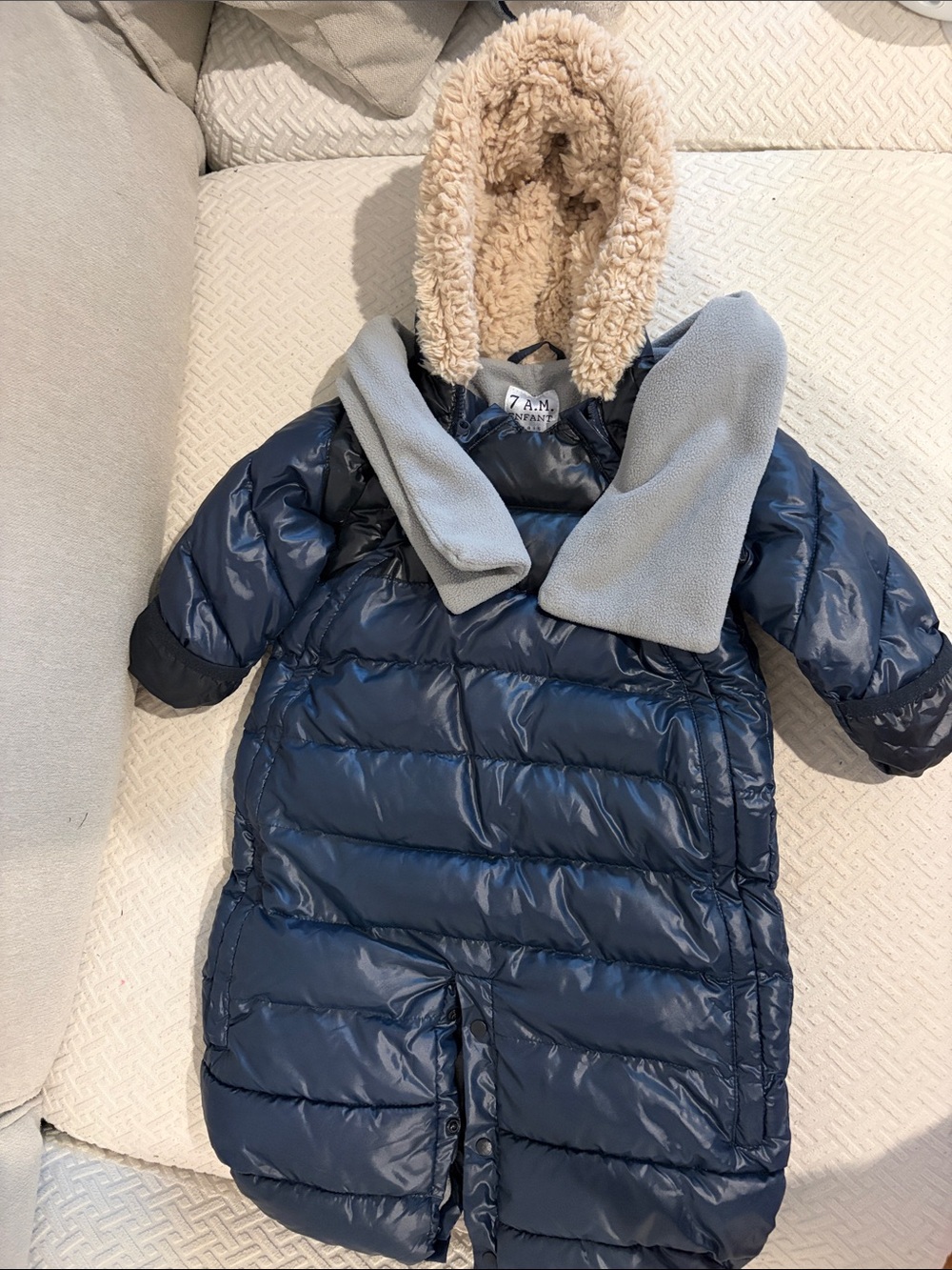 7 A.M. Enfant Navy Puffer Snowsuit with Beige Sherpa Hood 6 to 12 months